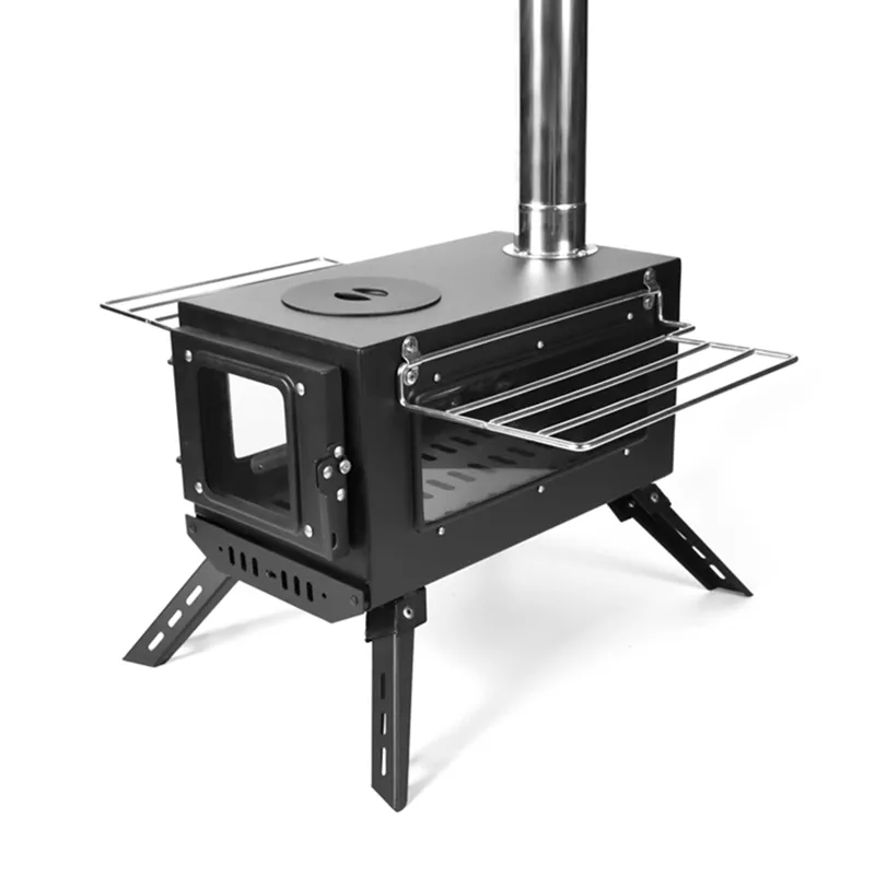 Black double-window angled tent stove