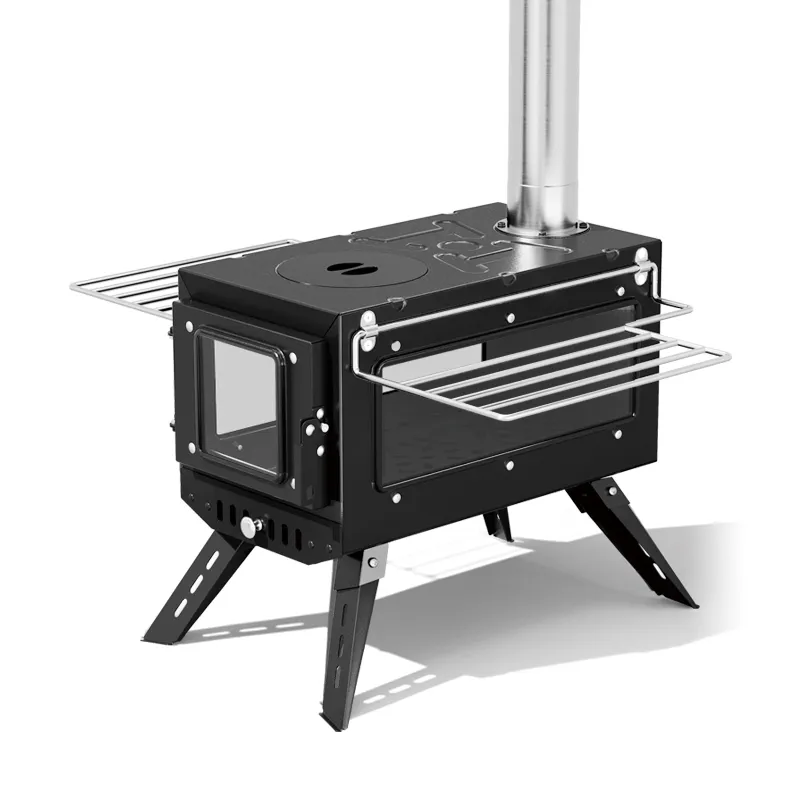 Large black double-window angled tent stove